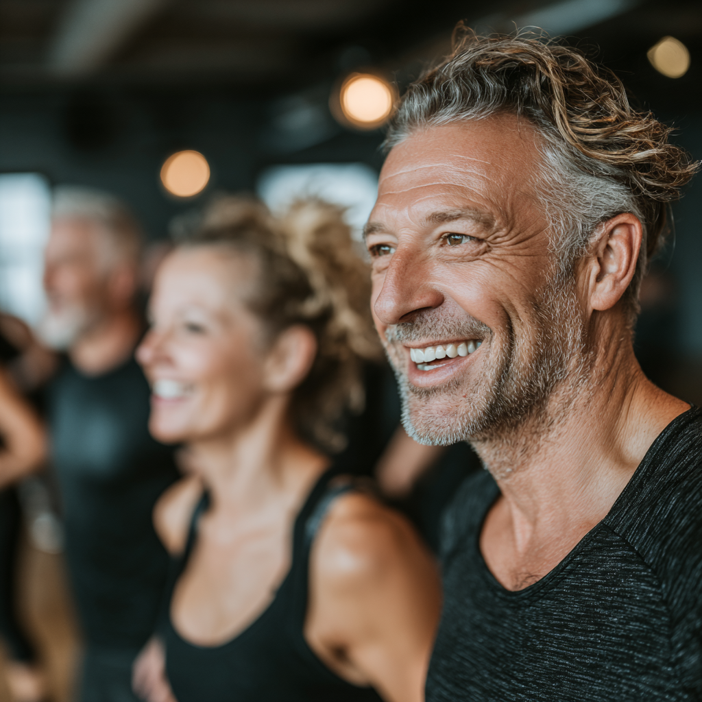 Група людей віком 50-60 років виконує разом функціональні вправи в просторому фітнес-залі, всі посміхаються та демонструють активність і задоволення від тренування