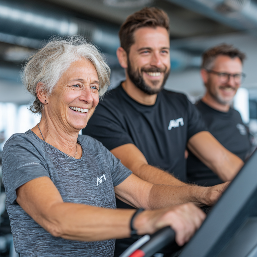 Досвідчений тренер консультує жінку 60 років біля тренажера, показуючи правильну техніку виконання вправ, обидва посміхаються та демонструють професійний підхід