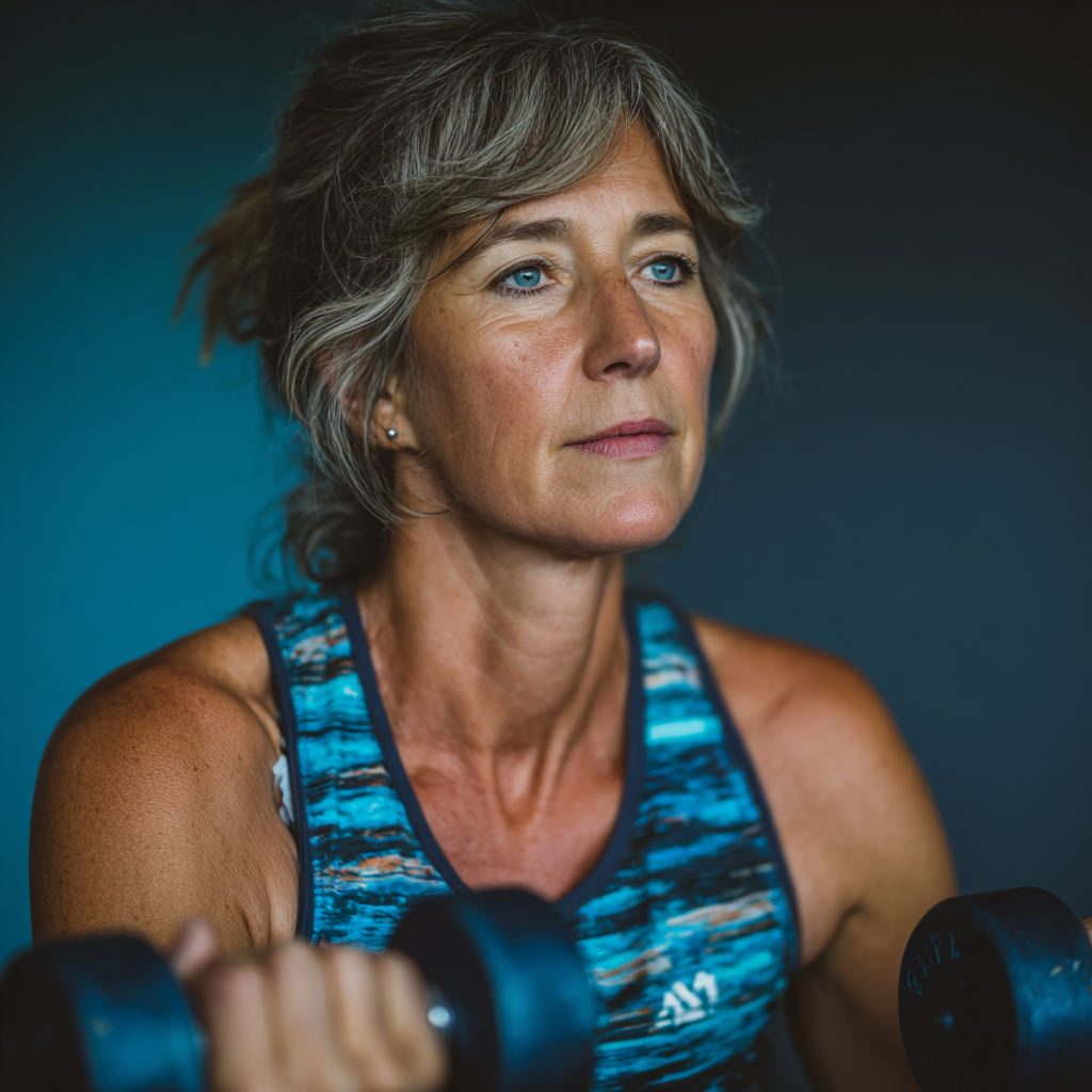 Енергійна жінка 55 років виконує силові вправи з гантелями в сучасному спортзалі, демонструючи правильну техніку та концентрацію